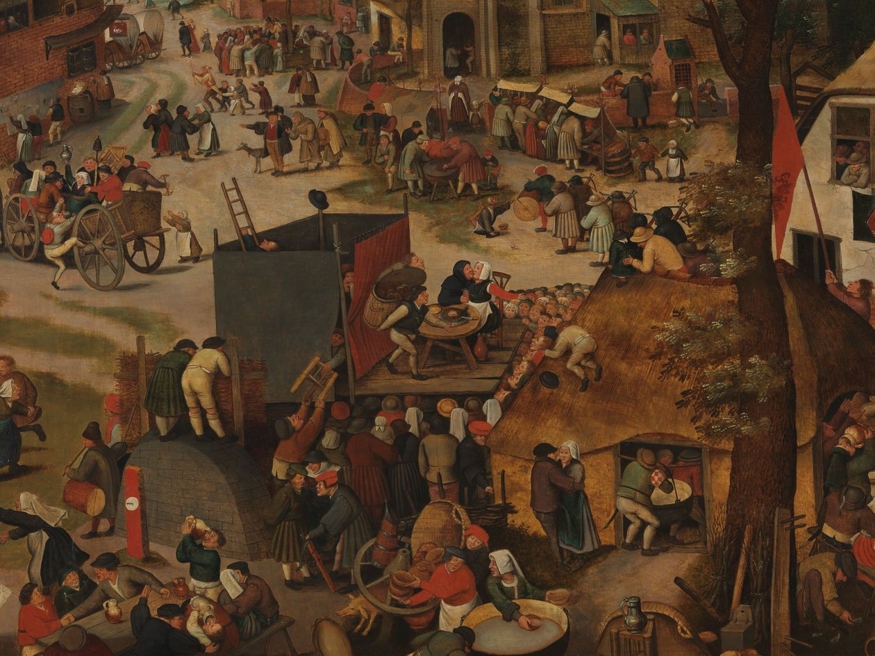 Festival de un pueblo, con una representación teatral y una procesión en honor a San Huberto y San Antonio de Pieter Brueghel the Younger