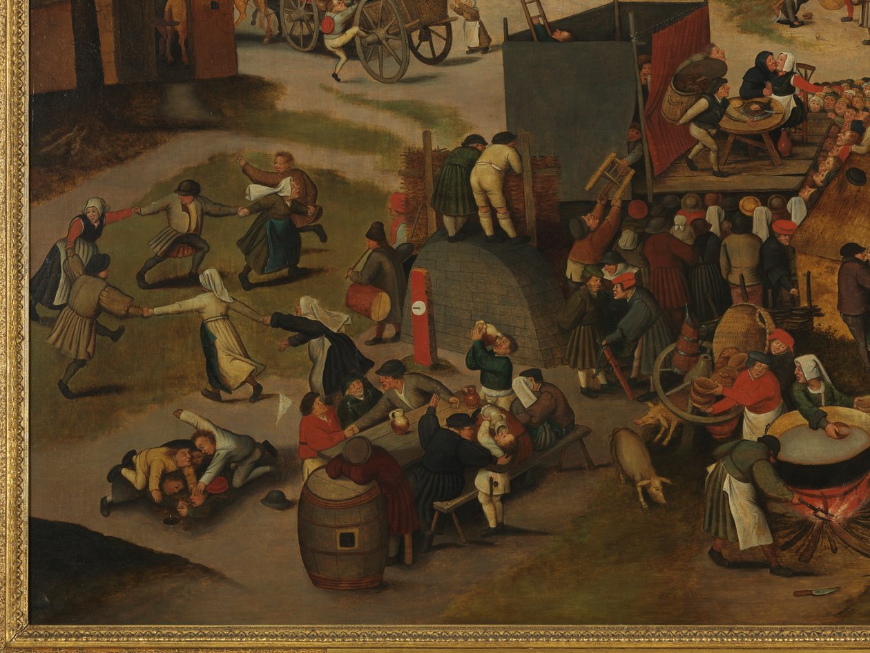 Festival de un pueblo, con una representación teatral y una procesión en honor a San Huberto y San Antonio de Pieter Brueghel the Younger