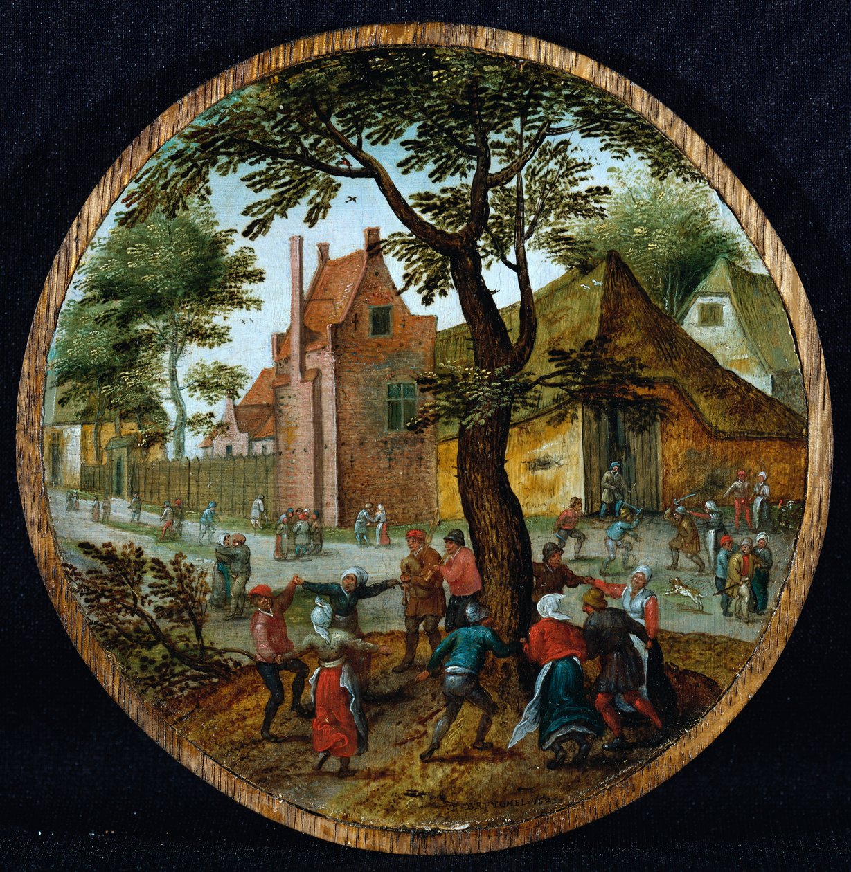 Campesinos bailando alrededor de un árbol en una calle del pueblo, 1625 de Pieter Brueghel the Younger