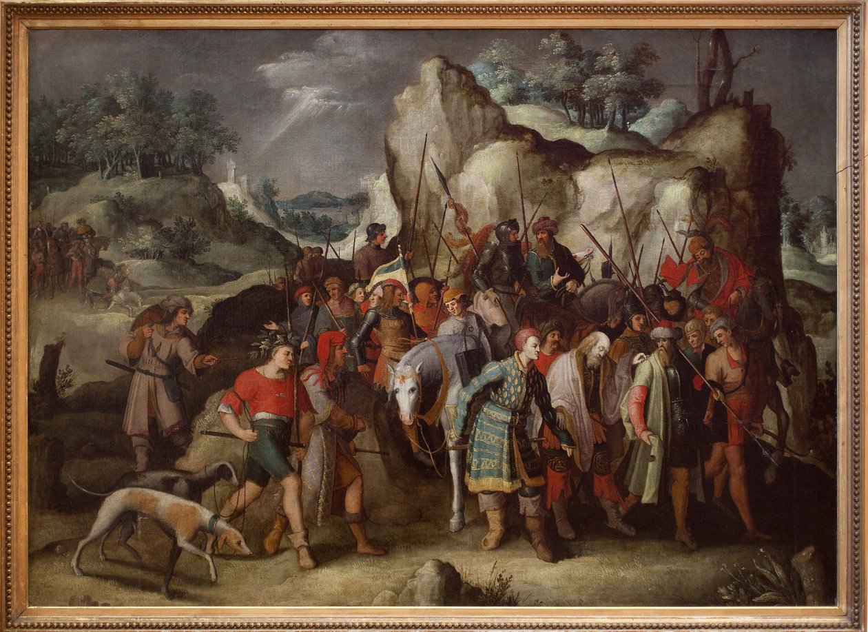 San Pablo llevado a Damasco (Siria), después de su conversión. Esta pintura, directamente de un grabado de Lucas de Leiden (1509), representa el episodio posterior a la caída del caballo de Saulo de Tarso, quien se convertirá en San Pablo de Pieter the Younger Brueghel