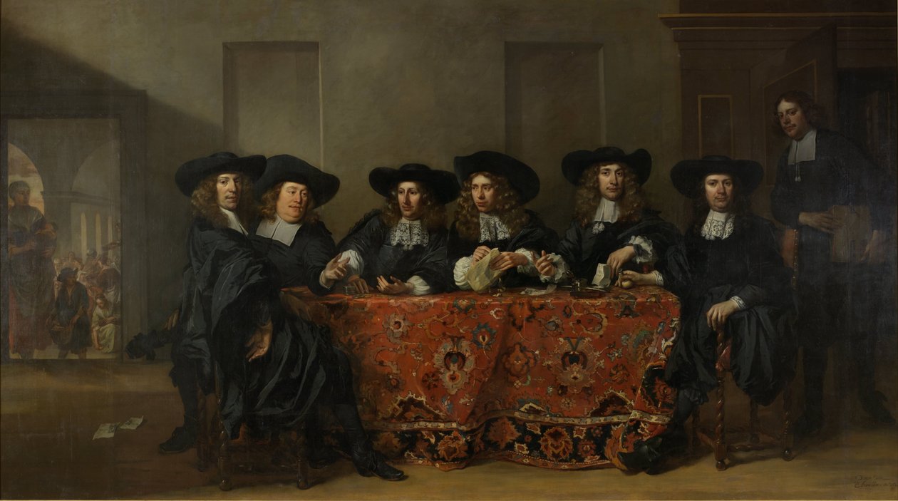 Seis regentes y el director del Instituto Oude Zijds para el alivio de los pobres, Ámsterdam, 1675 de Pieter van Anraedt