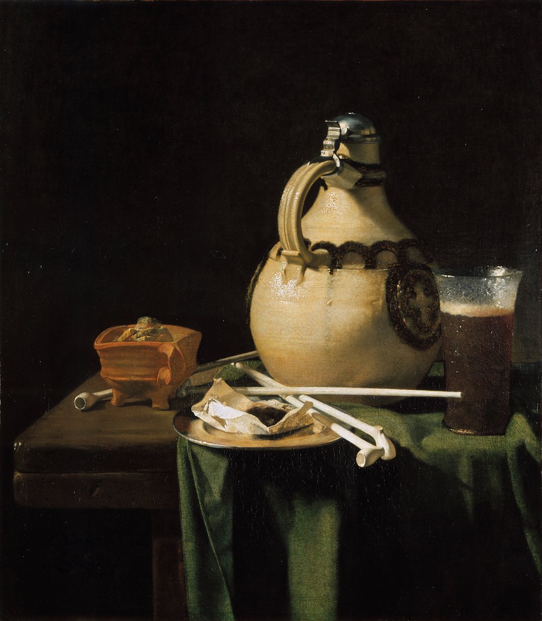 Bodegón con jarra de barro y pipas de arcilla de Pieter van Anraedt