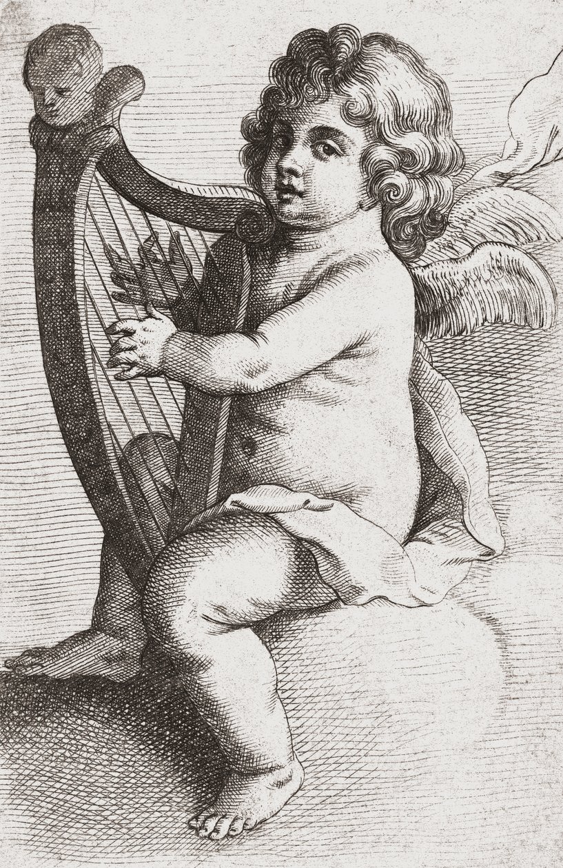 Un ángel niño tocando un arpa de Pieter van Avont