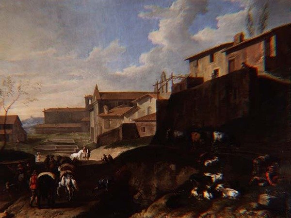 Vista caprichosa con iglesias, cabañas y viajeros de Pieter van Bloemen