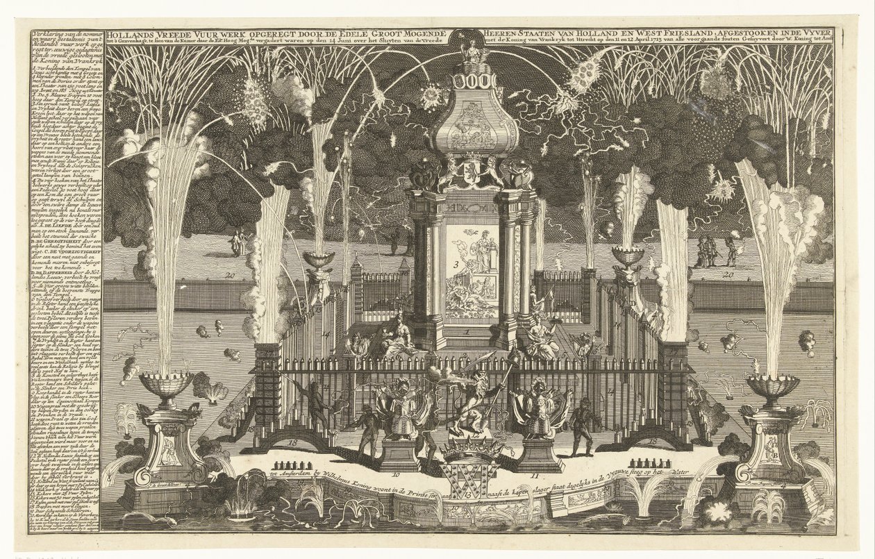 Fuegos artificiales en honor a la paz de Utrecht, 1713 Fuegos artificiales de paz holandeses erigidos por los estados Noble Groot Mogende Heeren de Holanda y Frisia Occidental, disparados en el río hacia La Haya (...) (título sobre el objeto) de Pieter van Buysen jr.