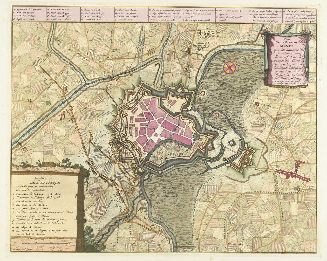 Kaart van het beleg van Menen, 1706 Plano de la Ciudad de Menin con los ataques (...) de las tropas de los Aliados (...). (título en el objeto) de Pieter van Call (II)