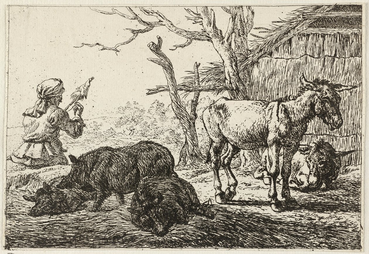Cerdos y burros en un establo, a la izquierda una hilandera de Pieter van Laer
