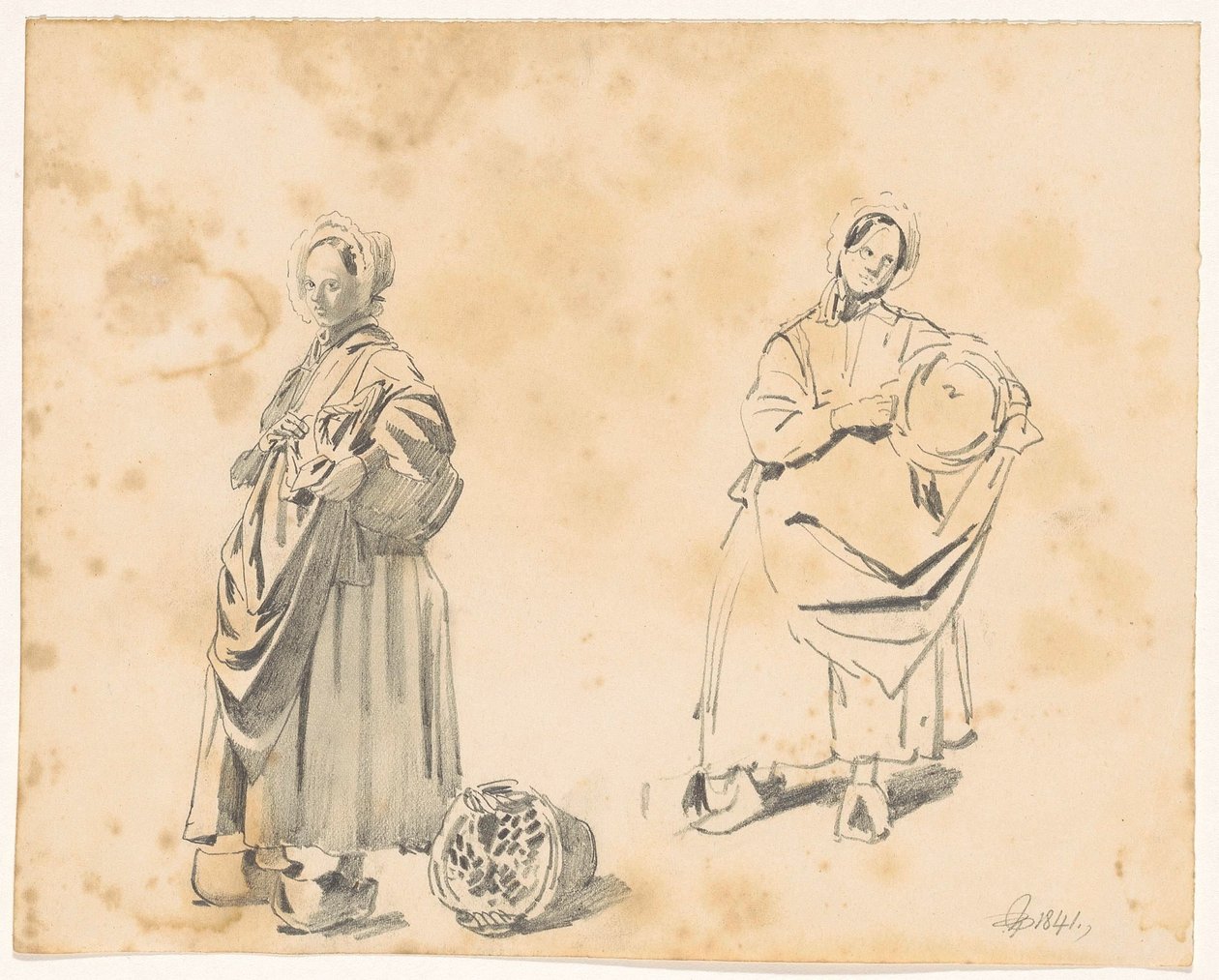 Dos estudios de una mujer de pie con cesta de Pieter van Loon