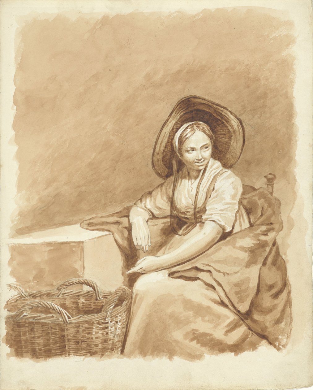 Chica sentada con un gran sombrero y una cesta de Pieter van Loon