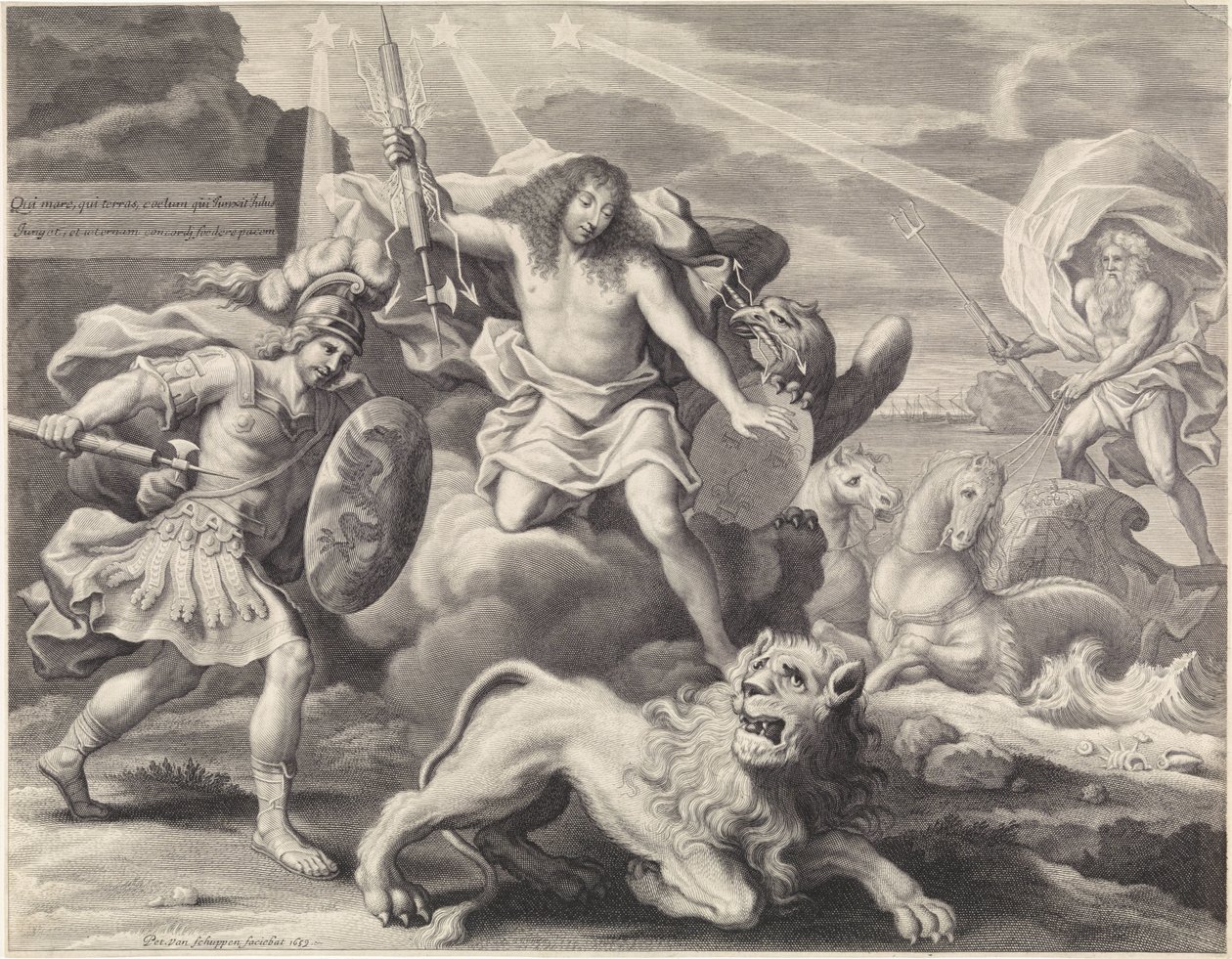 Estampa promocional con representación alegórica de Luis XIV como Júpiter, 1659 de Pieter van Schuppen