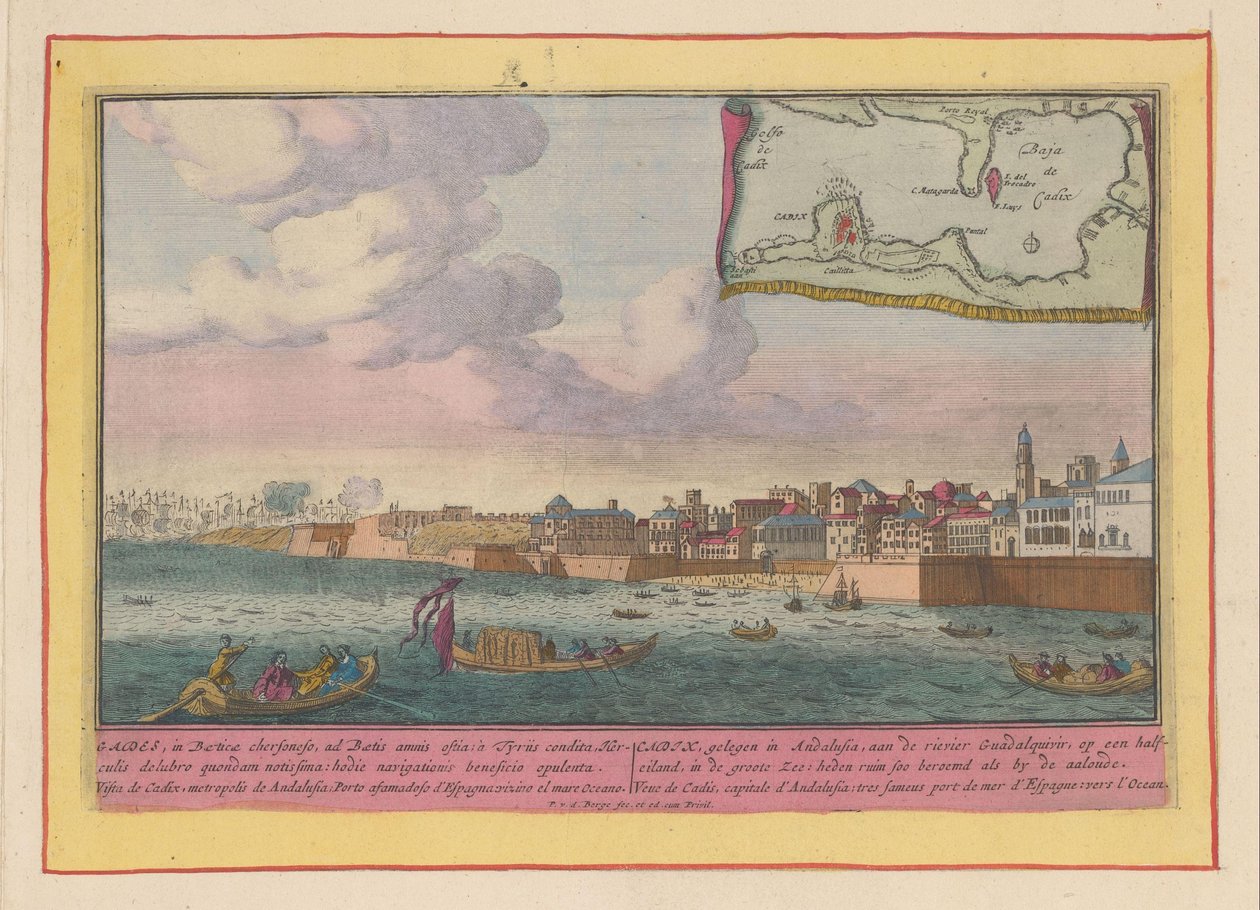 Vista de Cádiz Cádiz, situada en Andalucía, sobre el río Guadalquivir, en media isla (...) (título sobre objeto) Theatrum Hispaniae (...) (título de serie) de Pieter van den Berge