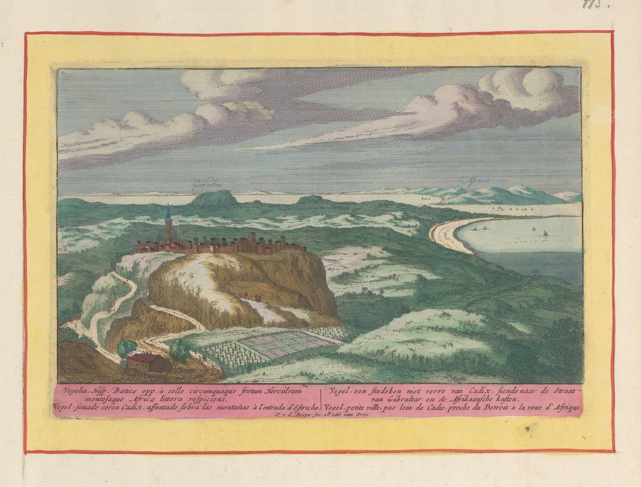 Vista de Vejer de la Frontera Vegel, ciudadela no lejos de Cádiz, contemplaba el Estrecho de Gibraltar y las costas africanas (título sobre objeto) Theatrum Hispaniae (...) (título de serie) de Pieter van den Berge