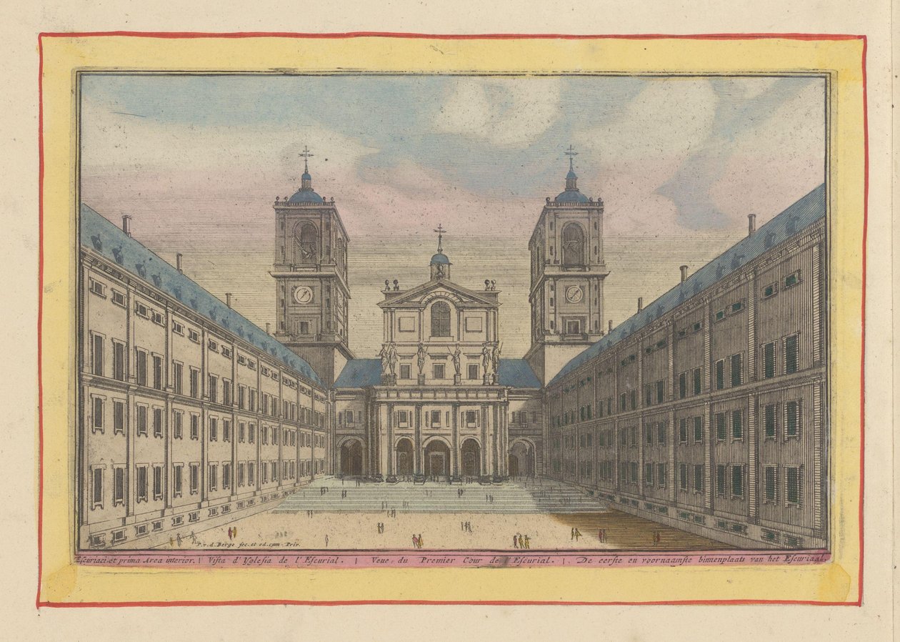 Vista del patio y entrada a la Iglesia de San Lorenzo en El Escorial El primer y principal patio del Escorial (título sobre objeto) Theatrum Hispaniae (...) (título de serie) de Pieter van den Berge
