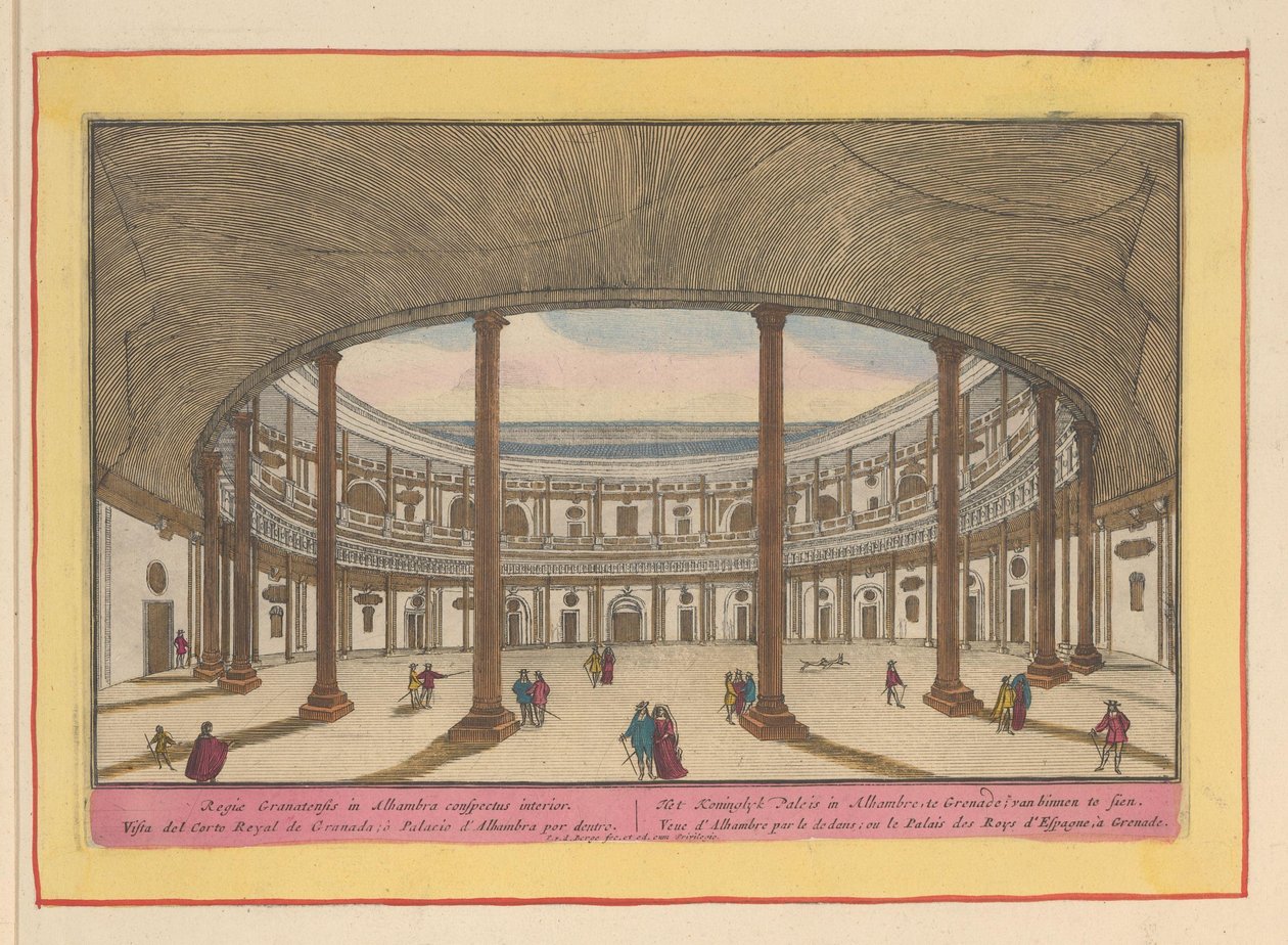 Vista del patio del Palacio de Carlos V en Granada El Palacio Real de la Alhambre, Granada; ver desde dentro (título sobre objeto) Theatrum Hispaniae (...) (título de serie) de Pieter van den Berge