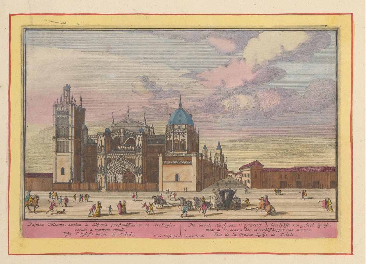 Vista de la Catedral de Toledo la Gran Iglesia de Toledo, la más gloriosa de toda España; donde en las tumbas de los arzobispos, de mármol (título sobre objeto) Theatrum Hispaniae (...) (título de serie) de Pieter van den Berge