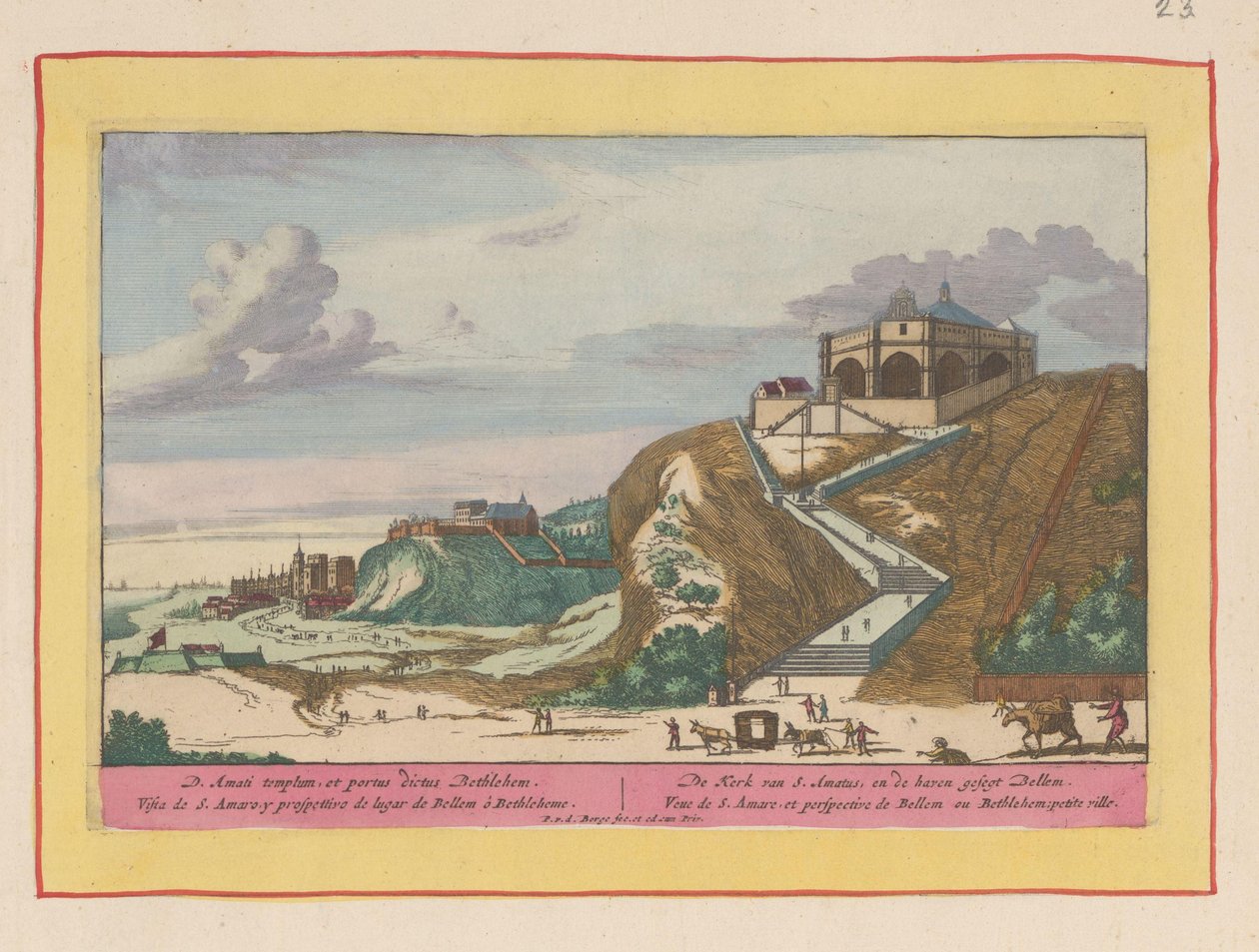 Vista de la iglesia de Santo Amaro cerca de Lisboa La iglesia de S. Amatus y el puerto segt Bellem (título sobre el objeto) Theatrum Hispaniae (...) (título de serie) de Pieter van den Berge