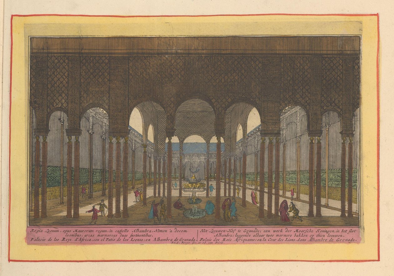 Vista del patio de los leones en la Alhambra de Granada La Corte del León, en Granada; obra de los reyes moros, en el Castillo de la Alhambre; colocando allí dos abrevaderos de mármol sobre leones thien (título sobre el objeto) Theatrum Hispaniae (...) (tí de Pieter van den Berge