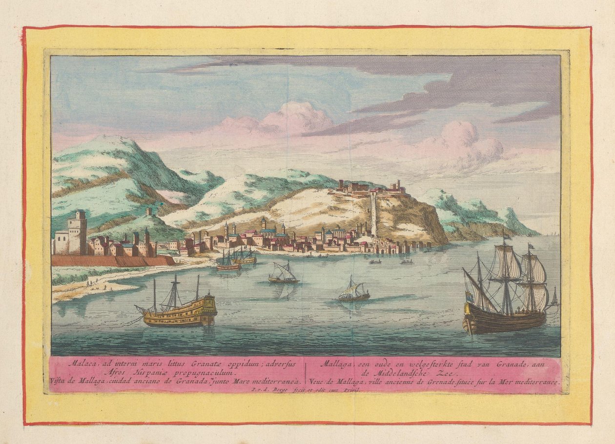 Vista de la ciudad de Málaga sobre el Mar Mediterráneo Mallaga, antigua y fortificada Ciudad de Granada, a orillas del Mediterráneo (título sobre objeto) Theatrum Hispaniae (...) (título de serie) de Pieter van den Berge