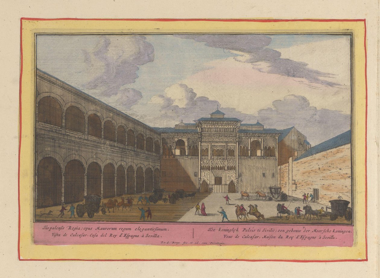 Vista de un patio del Real Alcázar de Sevilla El Palacio Real de Sicilia; un edificio de los reyes moros (título sobre objeto) Theatrum Hispaniae (...) (título de serie) de Pieter van den Berge