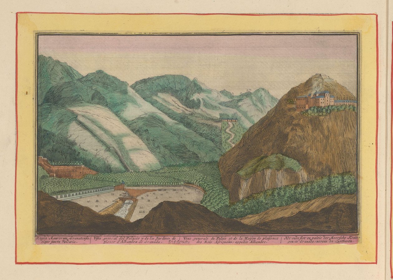 Vista del palacio y jardines de los reyes moros en Granada El antiguo castillo y palacio de los reyes moros, en Granada; junto al Lusthoven (título sobre el objeto) Theatrum Hispaniae (...) (título de serie) de Pieter van den Berge
