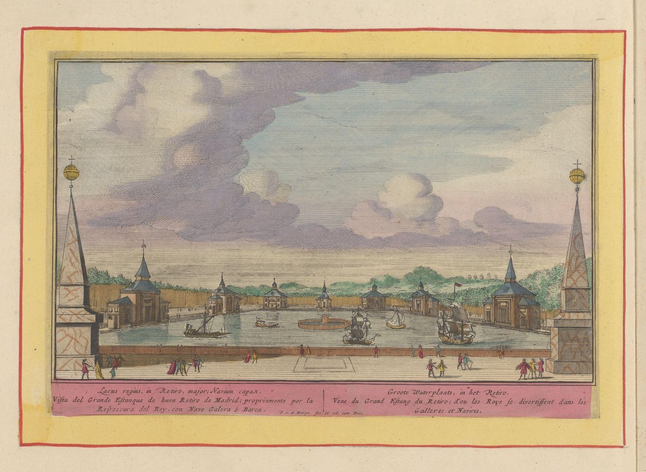 Gran estanque con naves en los jardines del Palacio del Buen Retiro de Madrid Groote Waterplaats, en el Retiro (título sobre objeto) Theatrum Hispaniae (...) (título de serie) de Pieter van den Berge