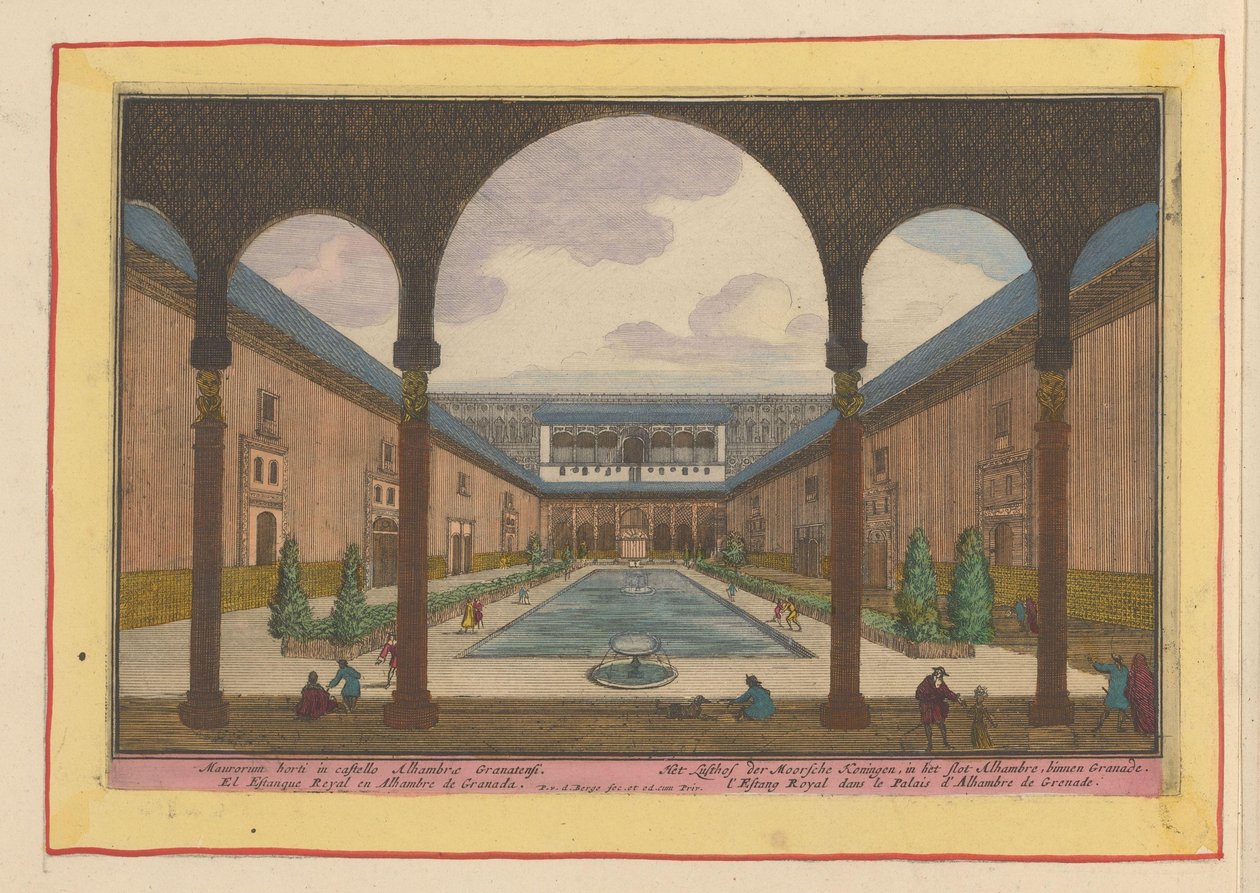 Patio de la Alhambra de Granada La delicia de los reyes moros, en el castillo de la Alhambre, dentro de Granada (título sobre objeto) Theatrum Hispaniae (...) (título de serie) de Pieter van den Berge