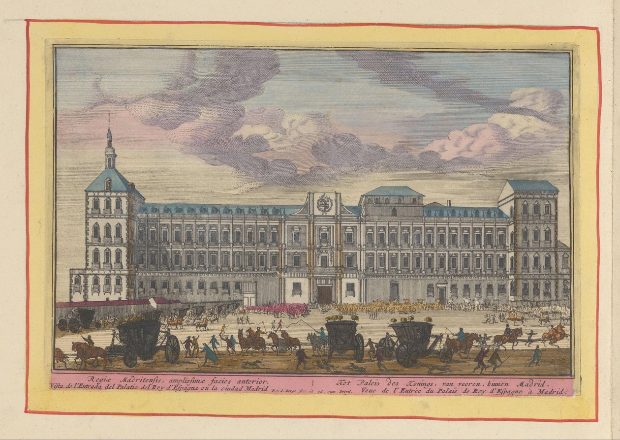 Vista frontal del Palacio Real de Madrid El Palacio del Rey, de frente, dentro de Madrid (título sobre objeto) Theatrum Hispaniae (...) (título de serie) de Pieter van den Berge