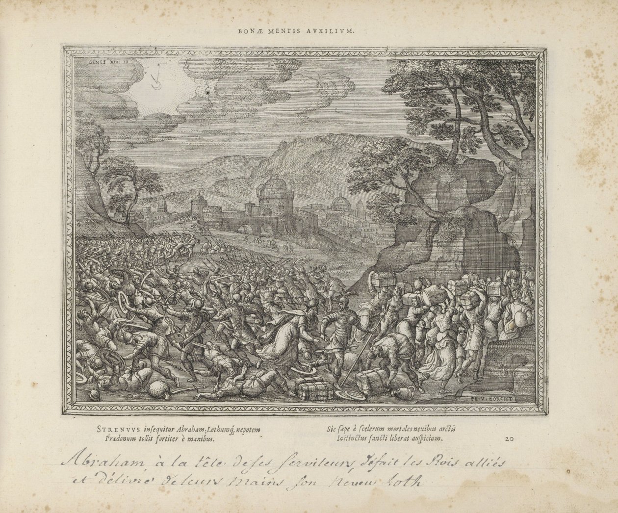 Abraham bevrijdt Lot Ayuda de una buena mente (título en objeto) Los emblemas sagrados y las principales historias de ambos testamentos (Oude Testament) (título de la serie) Imágenes y figuras de libros (título de la serie) de Pieter van der Borcht (I)