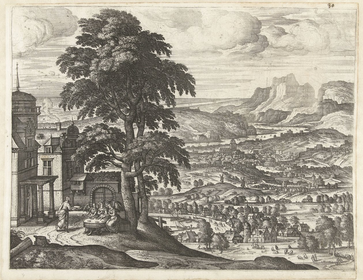 Abraham alimenta a los tres ángeles. Paisajes con la historia de Abraham (título de la serie) de Pieter van der Borcht (I)