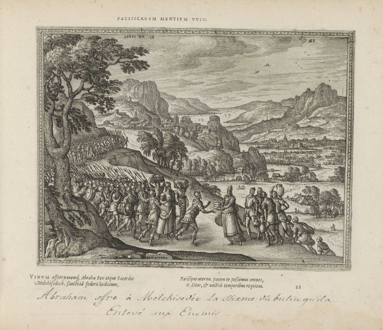 Abraham conoció a Melquisedec Una unión de mentes pacíficas (título sobre objeto) Los emblemas sagrados y las principales historias de ambos testamentos (Oude Testament) (título de la serie) Imágenes y figuras de libros (título de la serie) de Pieter van der Borcht (I)