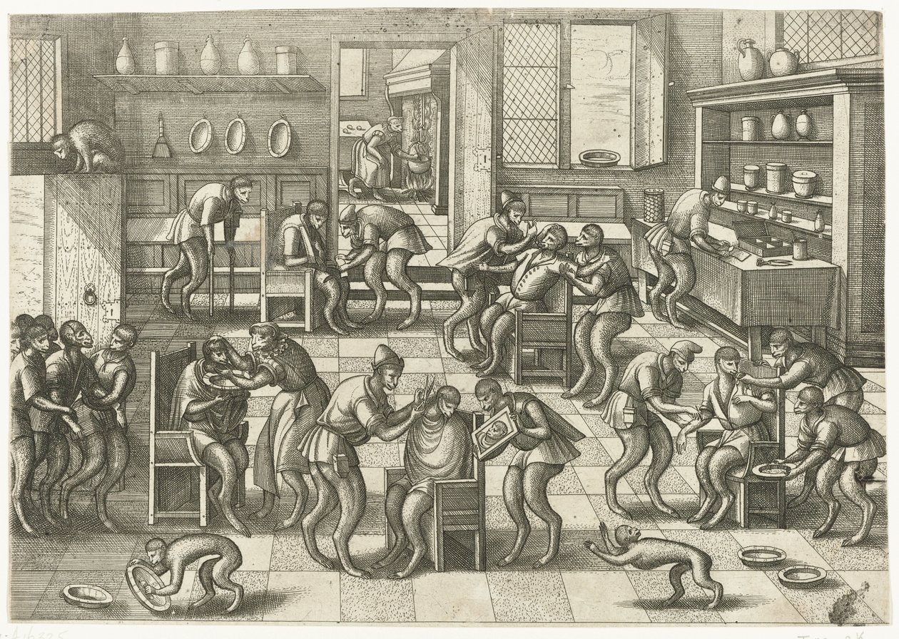 Tienda de barberos y cirujanos Juego de monos (título de la serie) de Pieter van der Borcht (I)