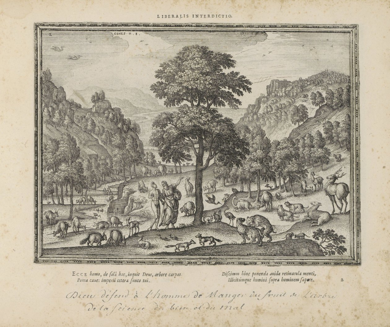 Dios le mostró a Adán het paradijs Prohibición liberal (título sobre objeto) Los emblemas sagrados y las principales historias de ambos testamentos (Oude Testament) (título de la serie) Imágenes y figuras de libros (título de la serie) de Pieter van der Borcht (I)