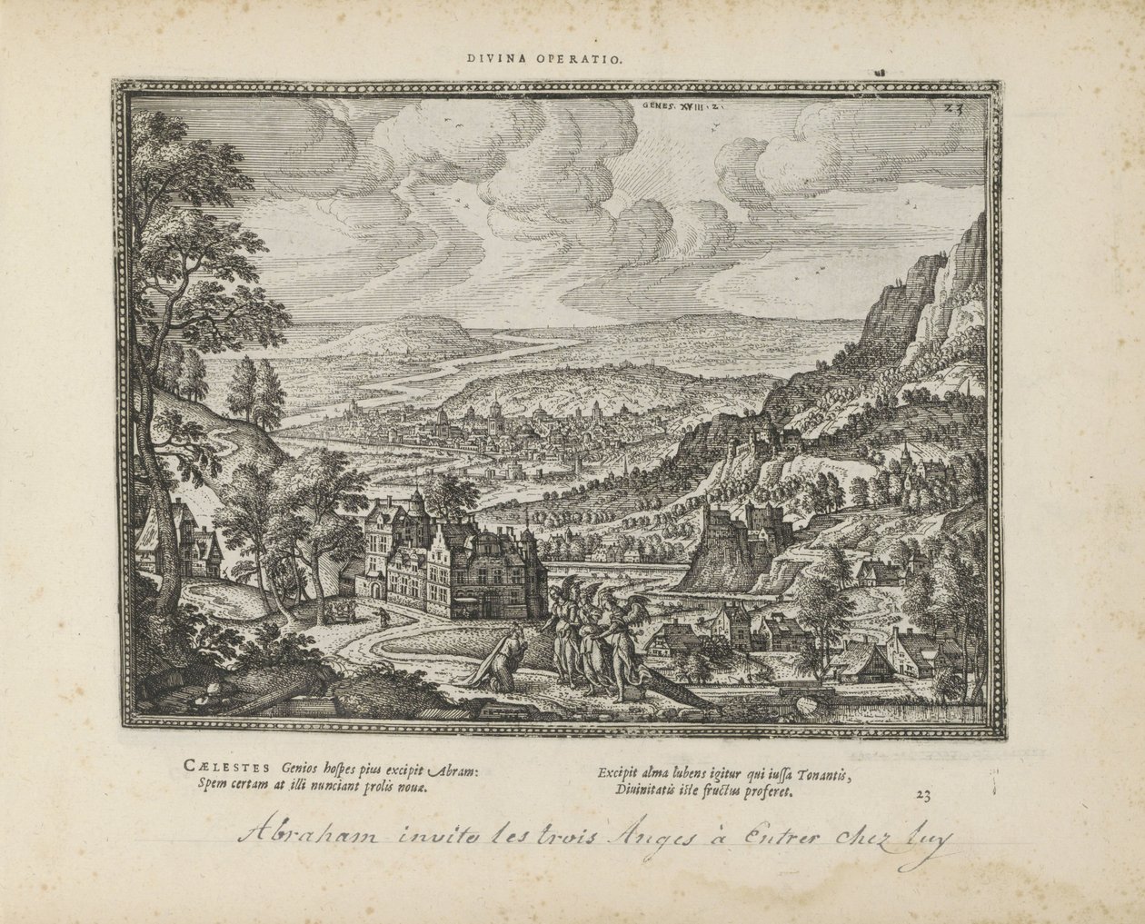 Landschap conoció a Abraham en de drie engelen Operación divina (título sobre objeto) Los emblemas sagrados y las principales historias de ambos testamentos (Oude Testament) (título de la serie) Imágenes y figuras de libros (título de la serie) de Pieter van der Borcht (I)