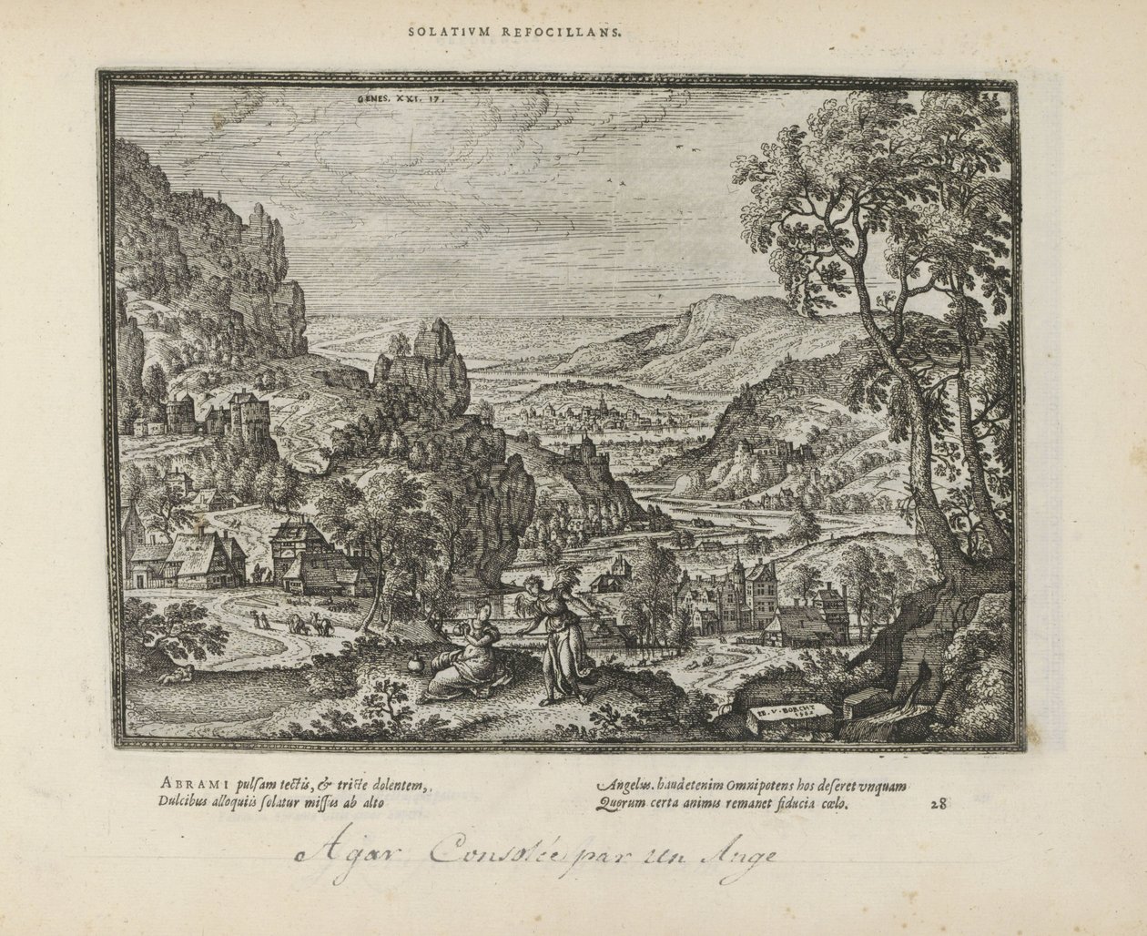 Landschap conoció a Hagar en de engel Consolando el fuego (título sobre el objeto) Los emblemas sagrados y las principales historias de ambos testamentos (Oude Testament) (título de la serie) Imágenes y figuras de libros (título de la serie) de Pieter van der Borcht (I)