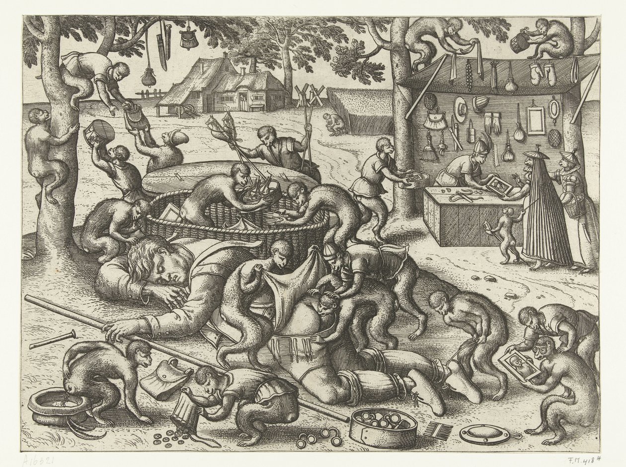 Vendedor ambulante dormido robado por monos Juego de monos (título de la serie) de Pieter van der Borcht (I)