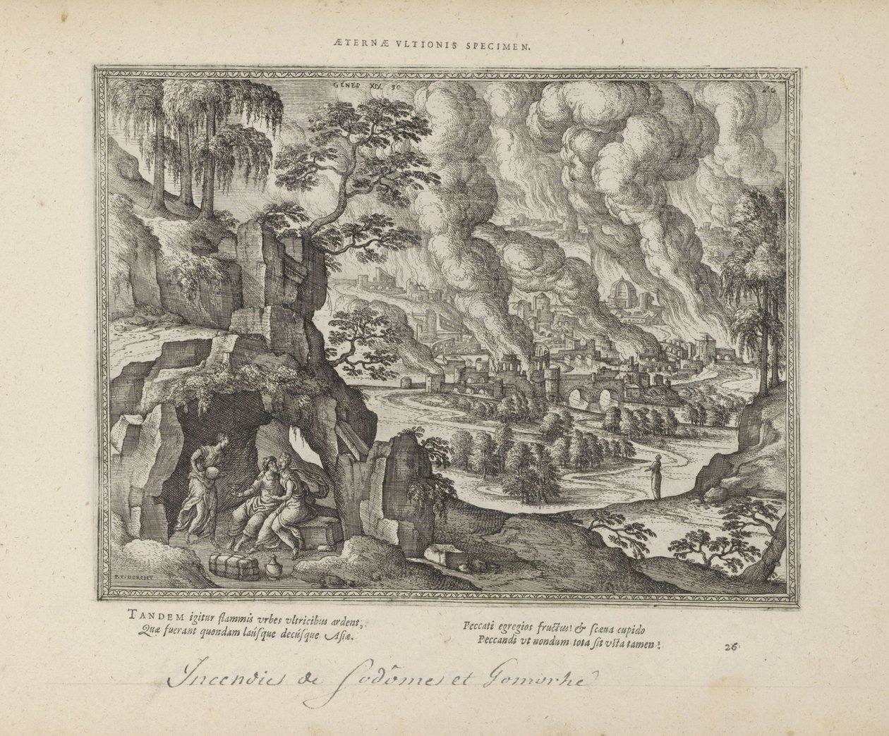 Vernietiging van Sodoma en Gomorra / Lot en zijn dochters Monumento eterno de la justicia (título sobre objeto) Los emblemas sagrados y las principales historias de ambos testamentos (Oude Testament) (título de la serie) Imágenes y figuras de libros (títul de Pieter van der Borcht (I)