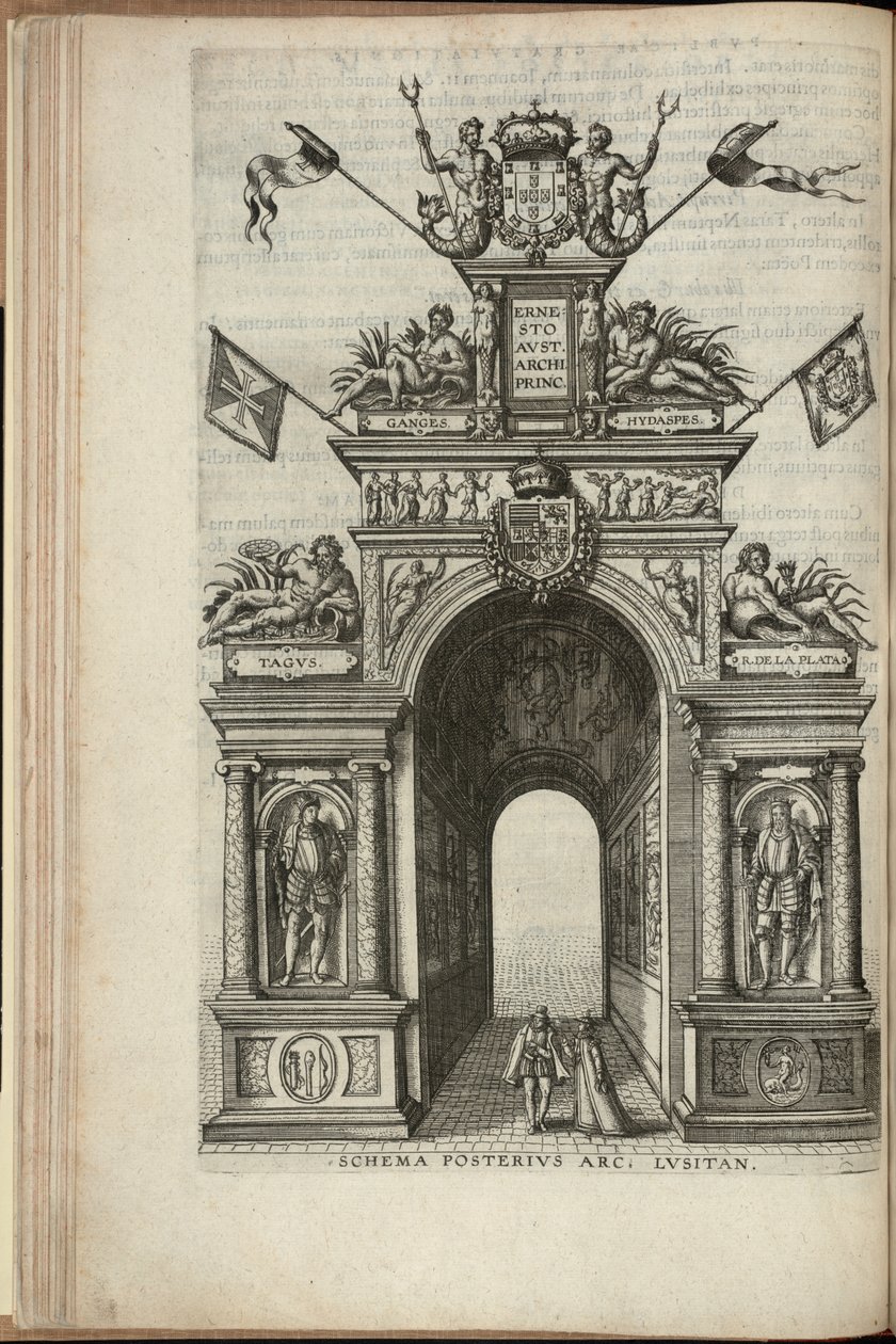 Ríos Tajo, Plata, Ganges e Hydaspes. La cara posterior del arco triunfal portugués, Entrada de Ernst, archiduque de Austria, en Amberes, publicado en 1595 (grabado) de Pieter van der Borcht