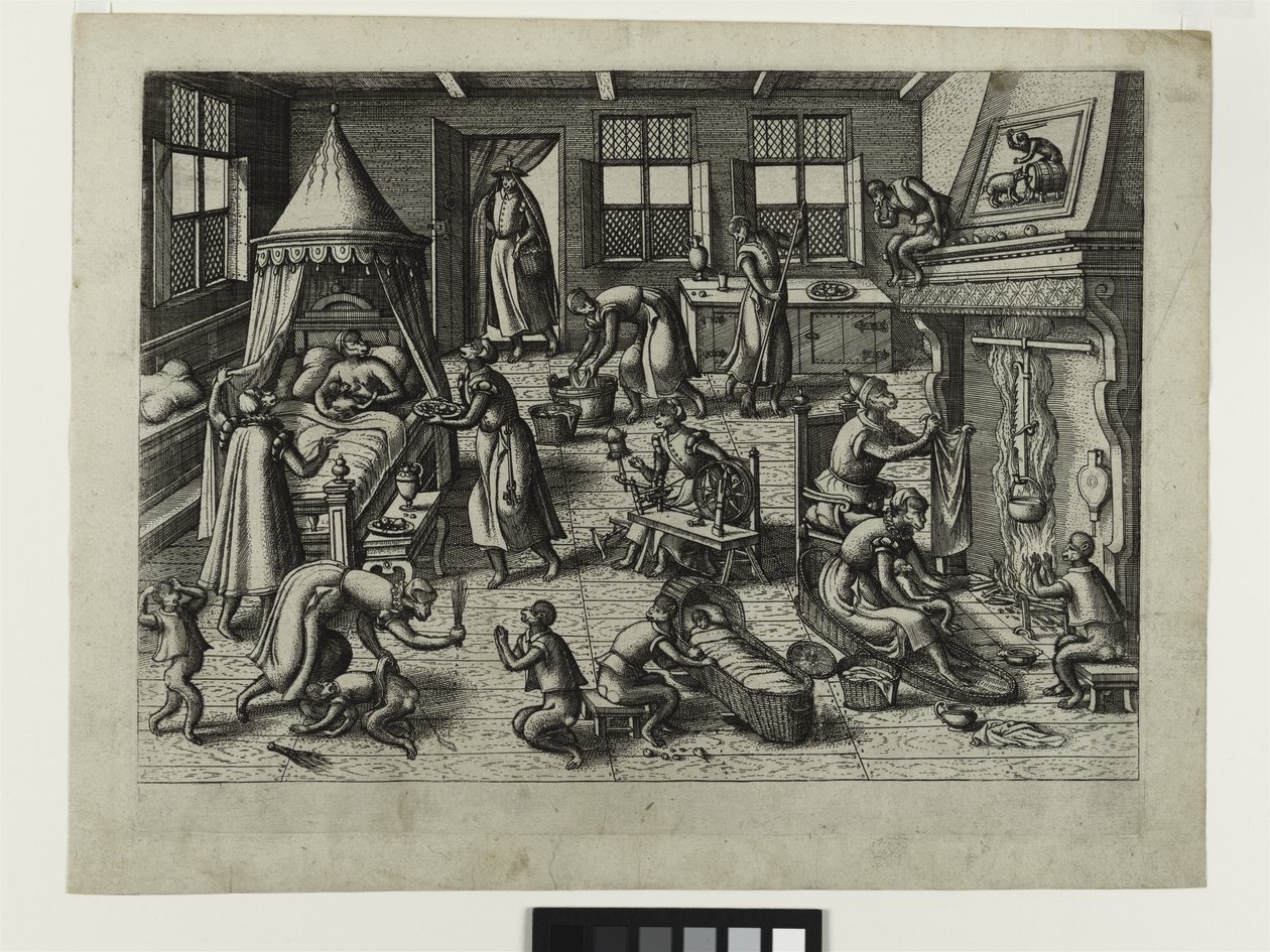La guardería, c.1585 (aguafuerte) de Pieter van der Borcht