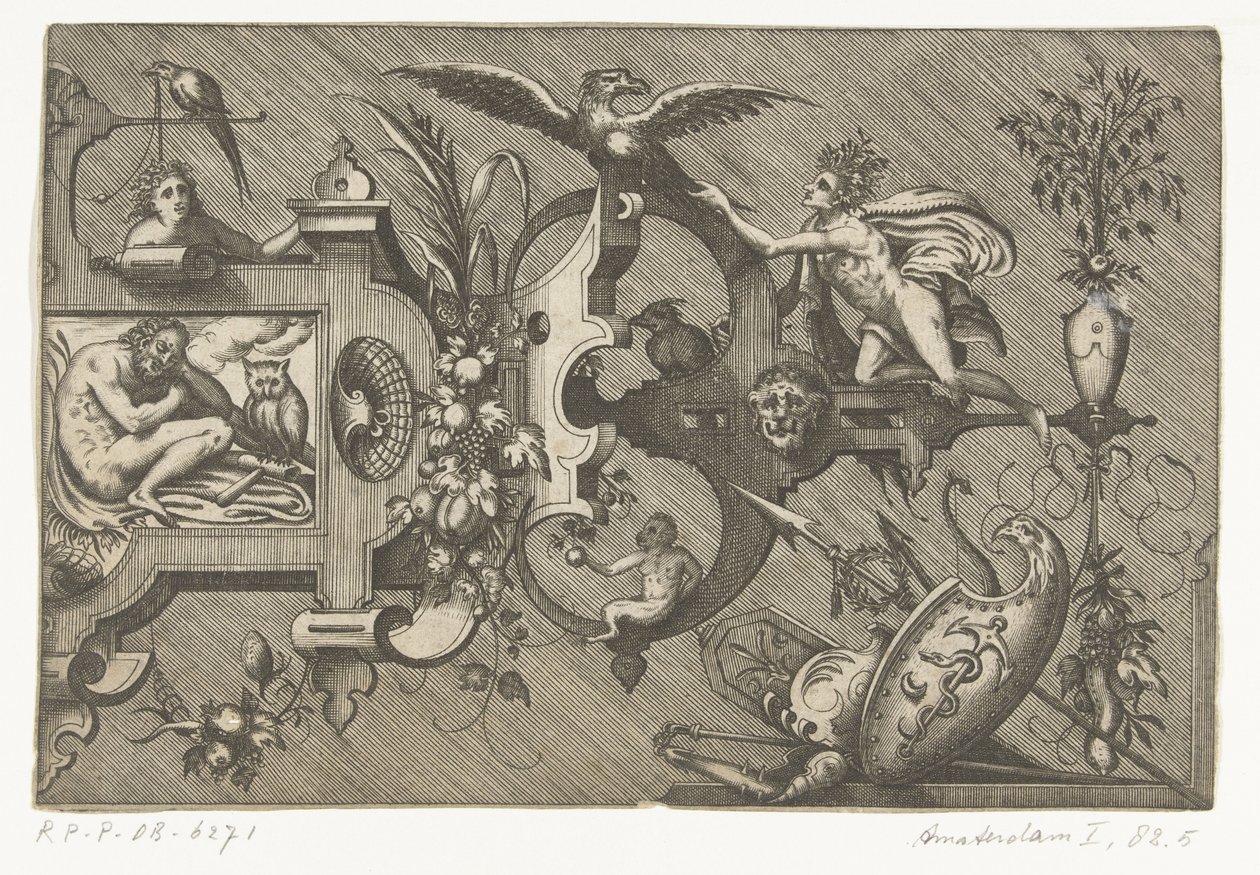 Mitad derecha de un cartucho grande que representa la Noche Compertimenta pictoriis flosculis manubiisque… (título de la serie) de Pieter van der Heyden