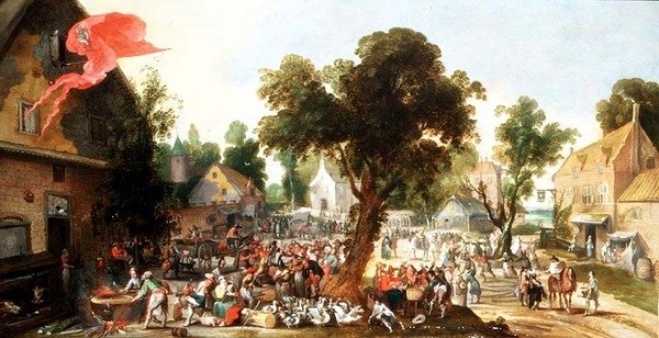 Campesinos celebrando un día festivo en una calle del pueblo de Pieter van der Hulst