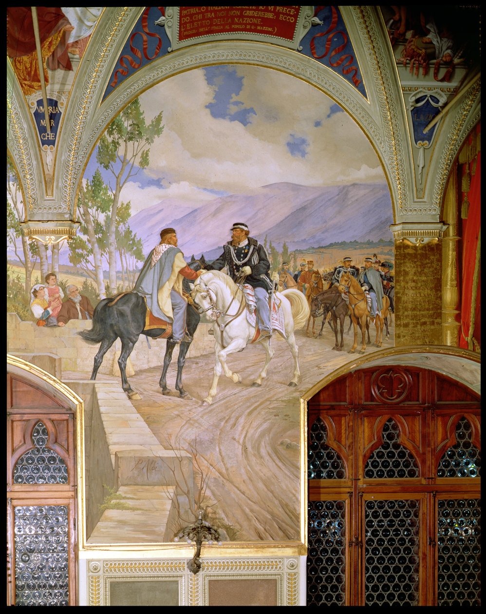 El Encuentro entre Giuseppe Garibaldi (1807-82) y el Rey Vittorio Emmanuele II (1820-78) el 26 de octubre de 1860 en Teano, Italia, 1886 de Pietro Aldi