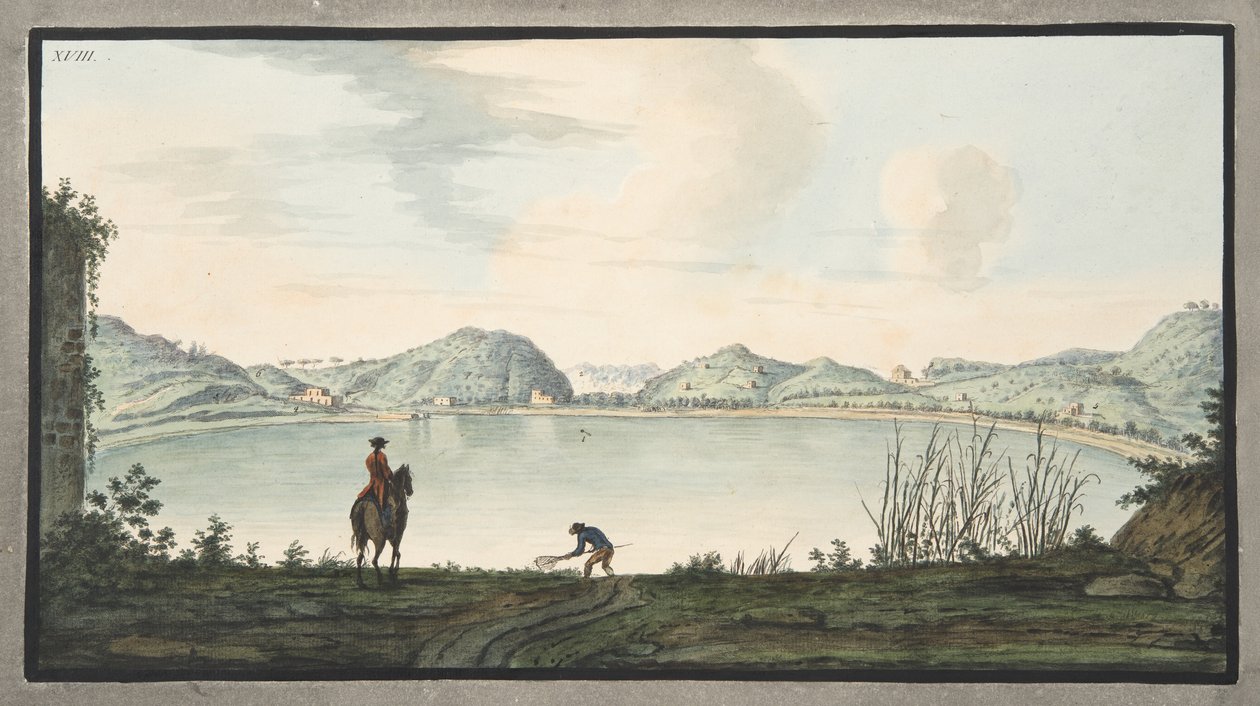 El lago de Agnano, evidentemente el cráter de un antiguo volcán, Placa XVIII, de 