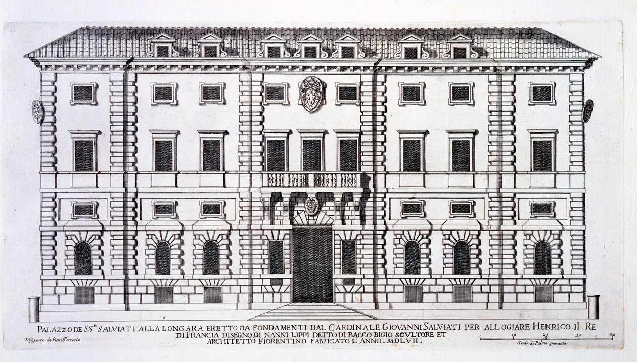 Vista de la fachada del Palazzo Salviati en Roma, encargado por el Cardenal Giovanni Salviati para alojar a Enrique, Rey de Francia, y diseñado por Nanni di Baccio Bigio (d.c.1568) en 1557 de Pietro Ferrerio