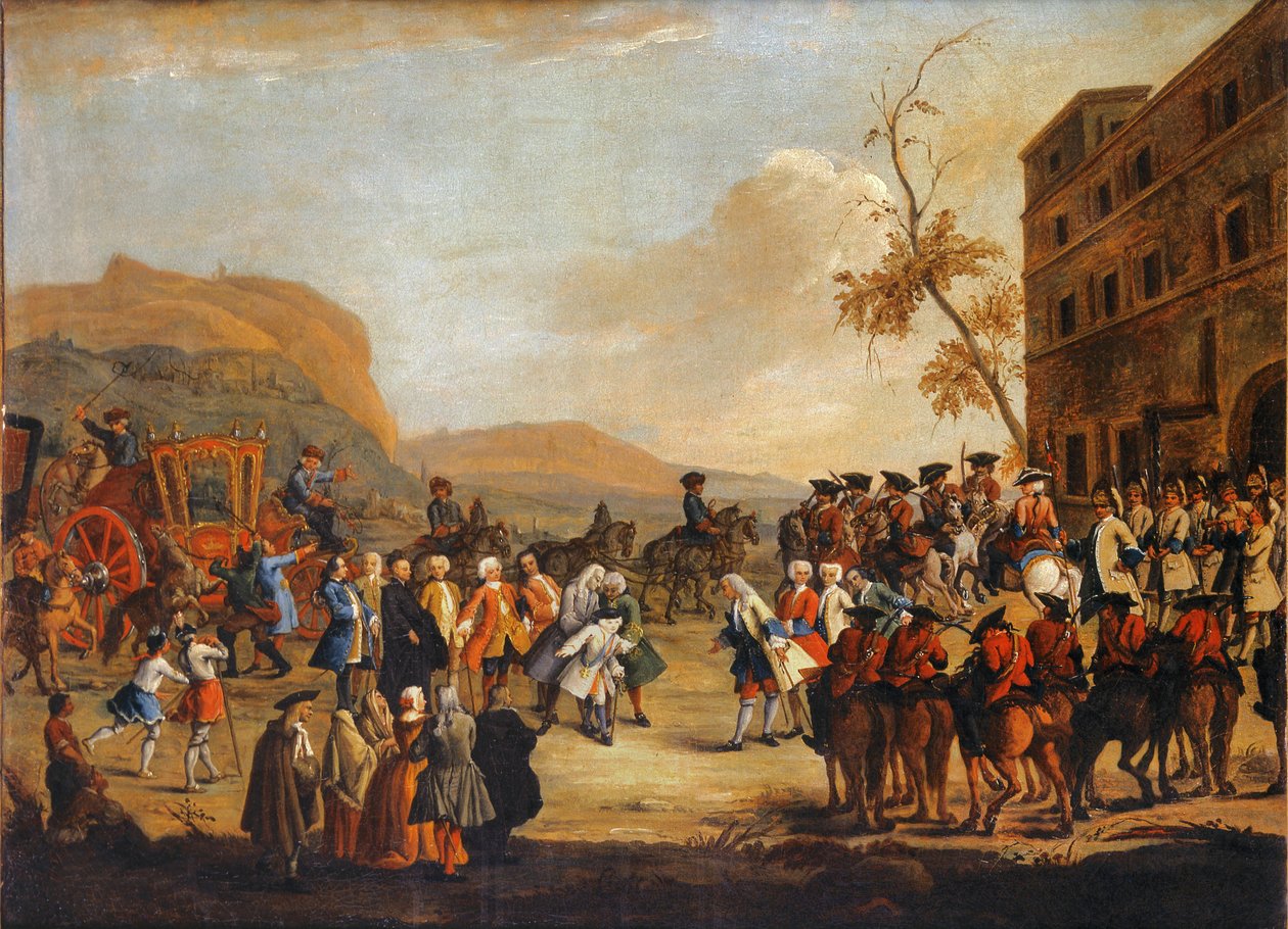 Recepción del Príncipe Heredero Friedrich Christian en la frontera de la República de Venecia, 1739 de Pietro Longhi