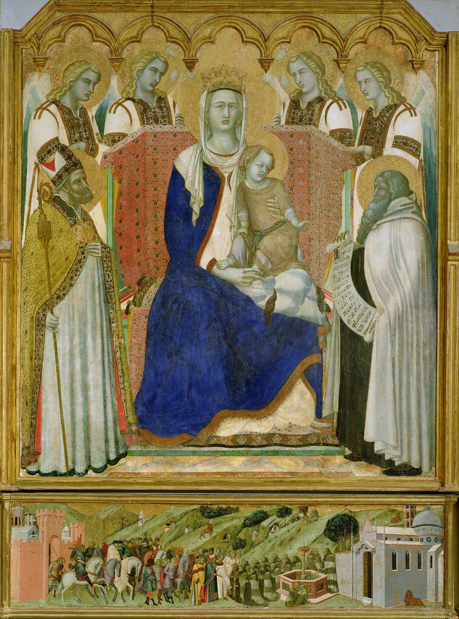 El retablo carmesí, panel central que representa a la Virgen y el Niño con ángeles, San Nicolás y el profeta Elías, 1329 de Pietro Lorenzetti
