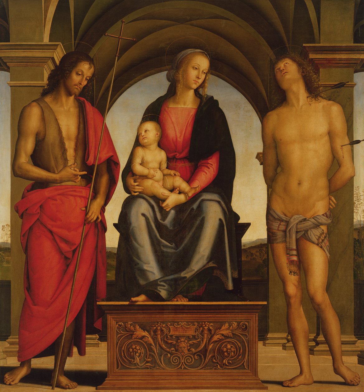 Madonna y Niño entronizados entre San Juan Bautista y San Sebastián, 1493 de Pietro Perugino