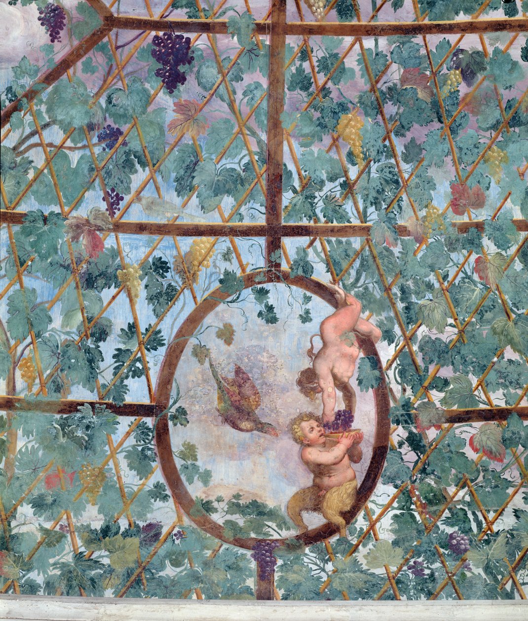 El pórtico jónico semicircular, detalle de la bóveda del techo que representa a un putto alimentando a un joven sátiro con uvas, 1551-55 de Pietro Venale