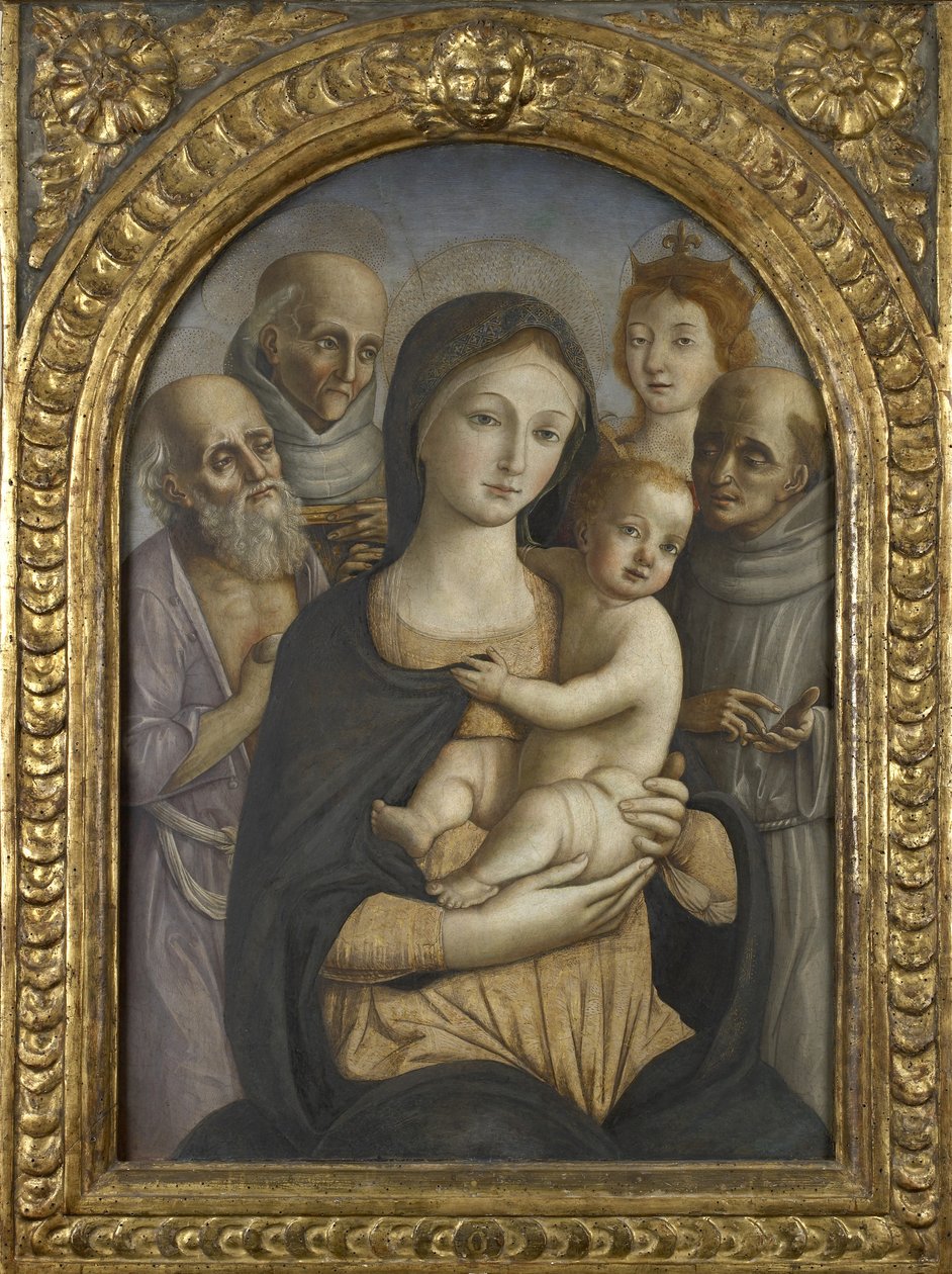 La Virgen y el Niño con SS. Jerónimo, Bernardino de Siena, Catalina de Alejandría y Francisco, siglo XV de Pietro di Francesco degli Orioli
