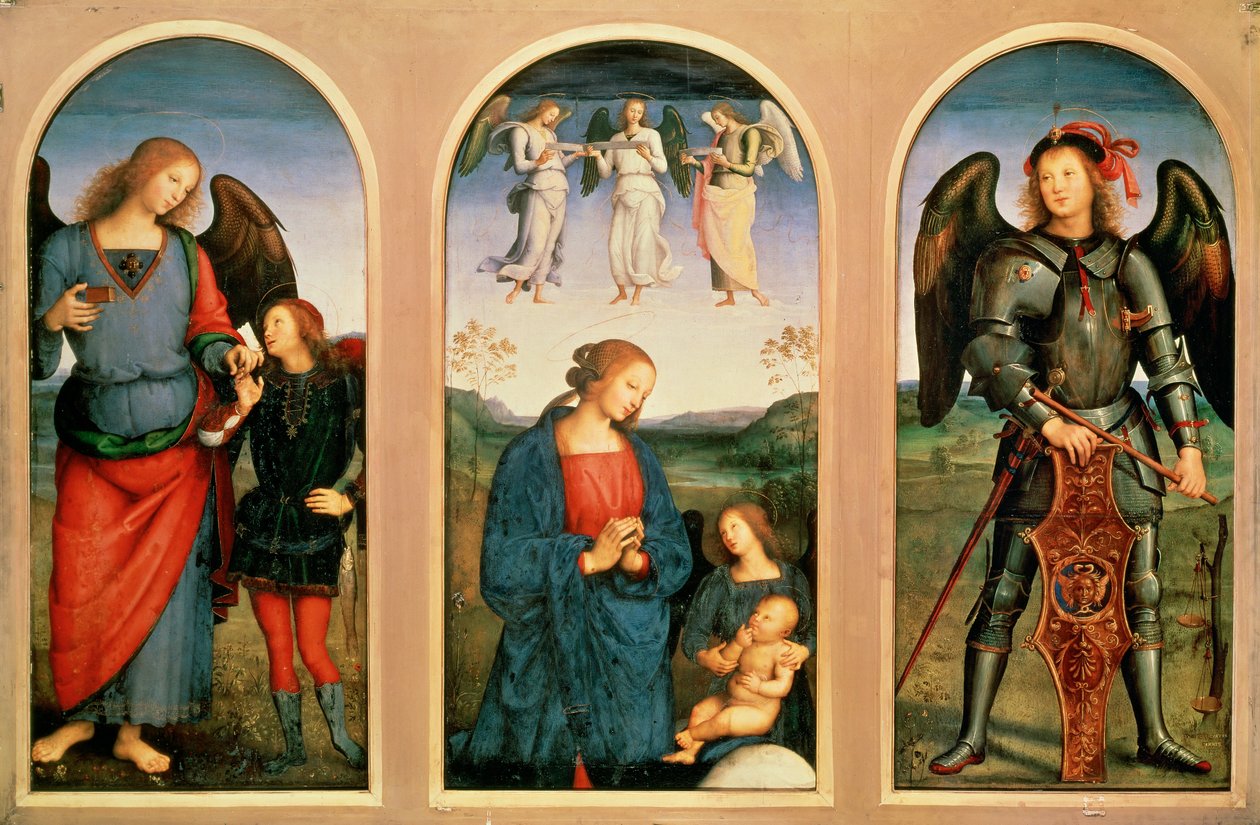 La virgen con los ángeles, izquierda y derecha Arcángeles Rafael con el joven Tobías y el pez y Rafael ... (pintura sobre lienzo) de Pietro (after) Perugino