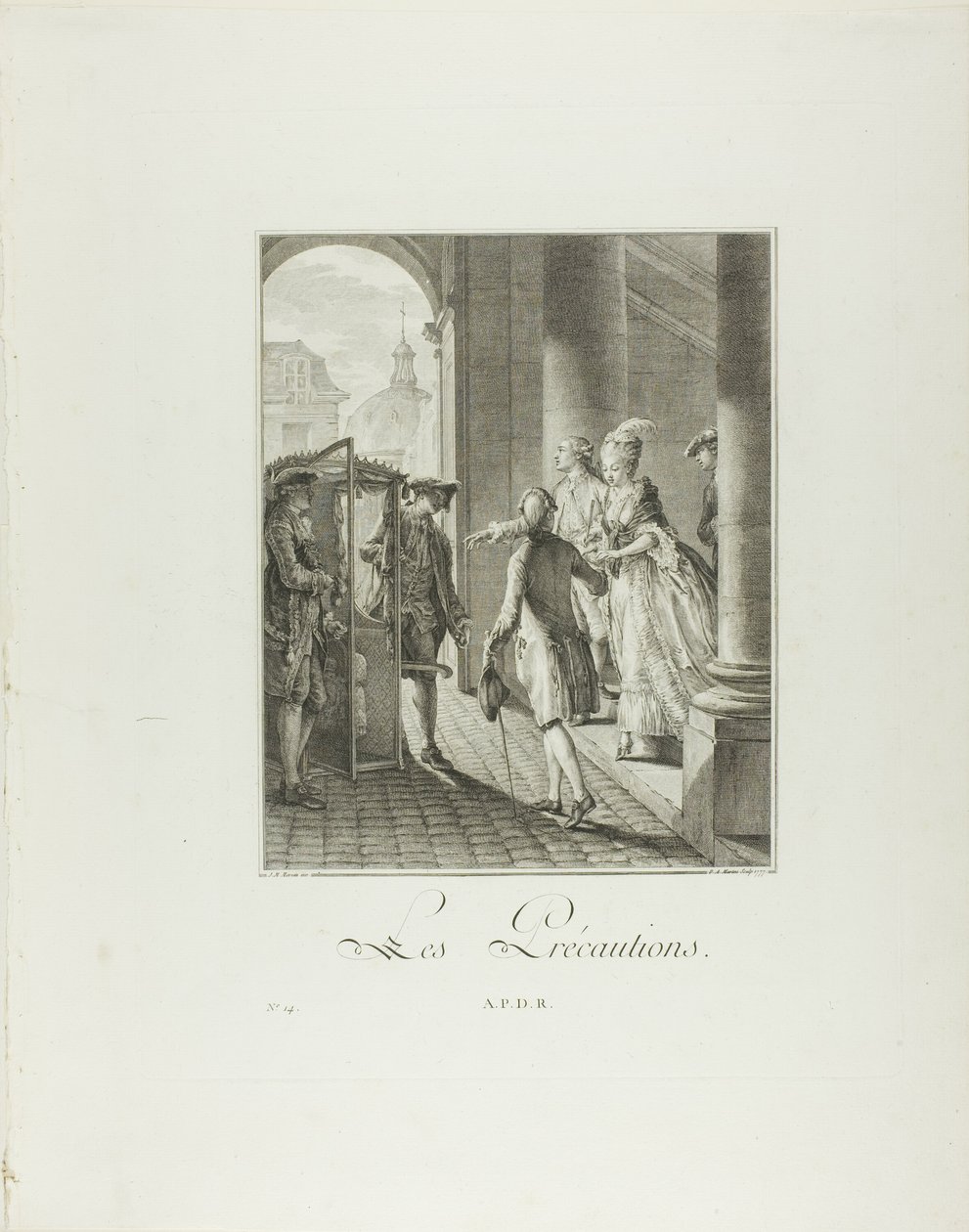 Las precauciones, de Monument du Costume Physique et Moral de la fin du Dix-huitième siècle de Pietro Antonio Martini